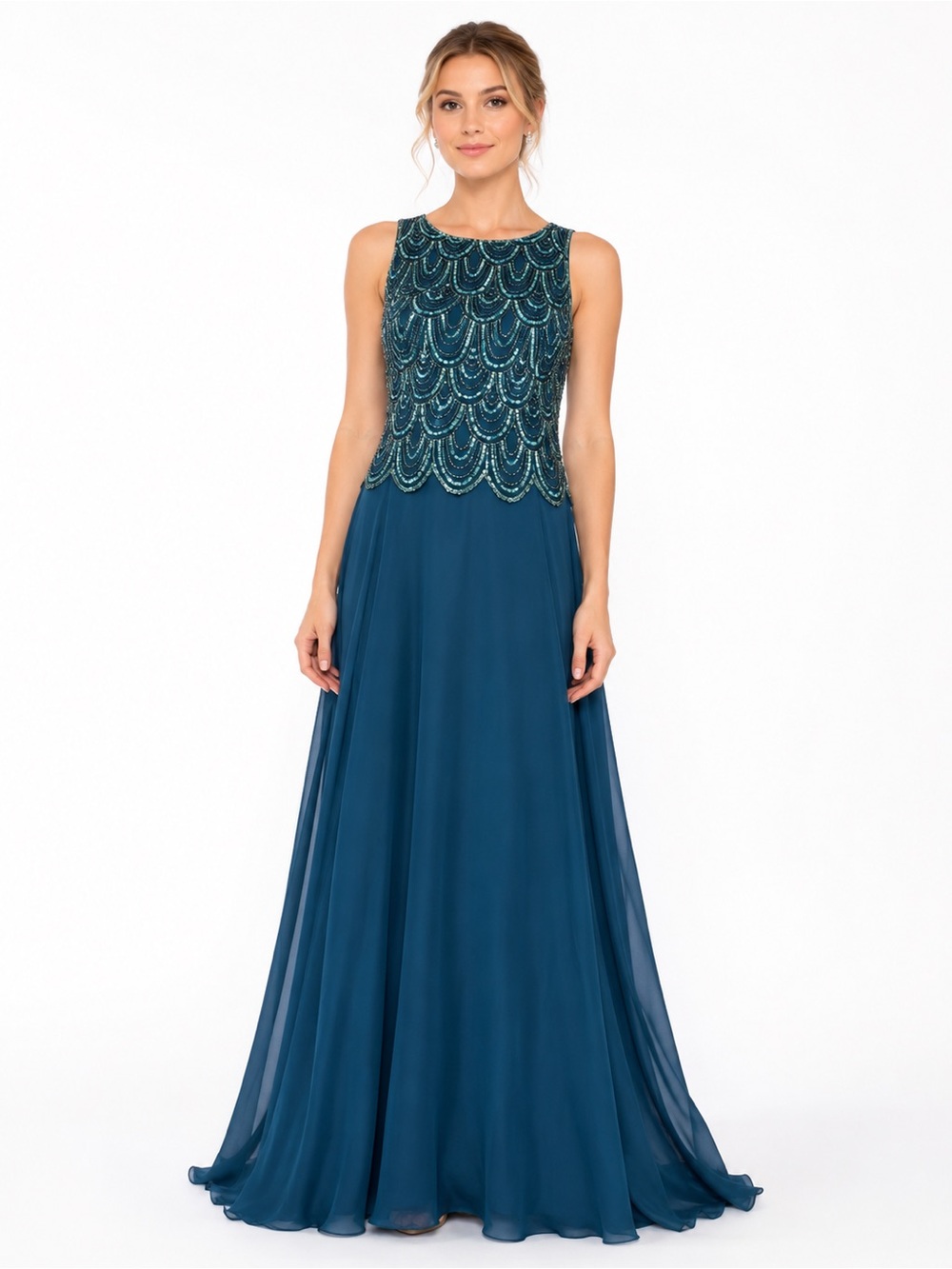 J Kara Teal Beaded Bodice Maxi Gown